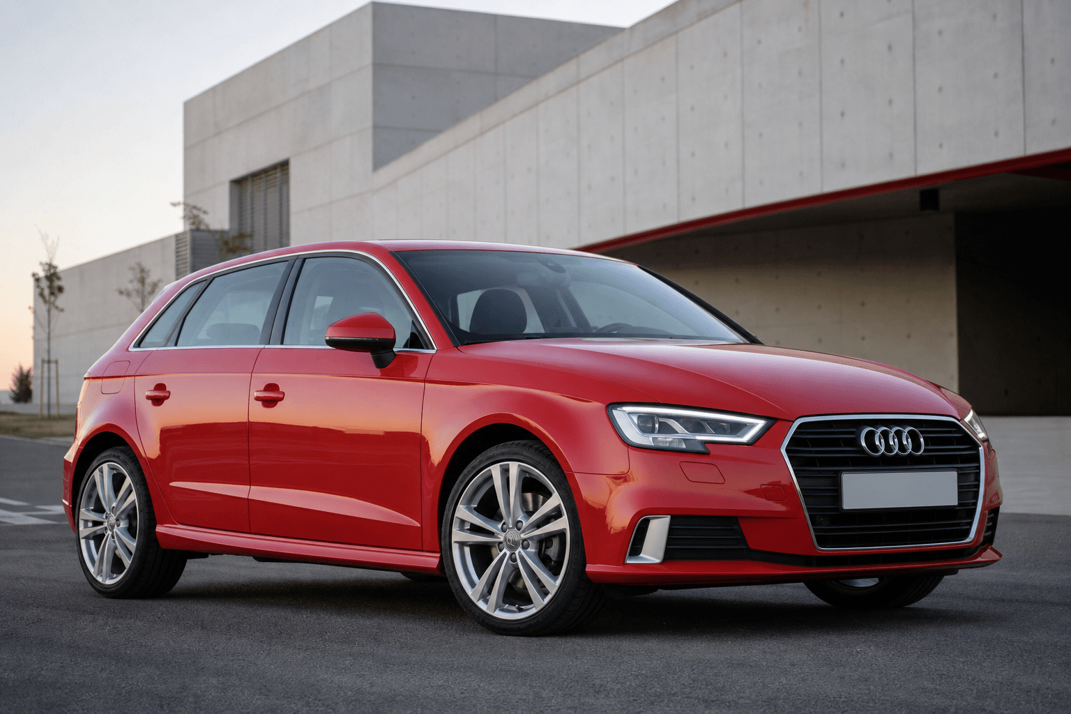 Audi A3 8V rojo en entorno urbano minimalista