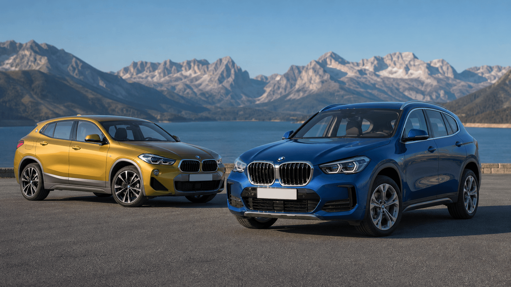 BMW X1 y X2 en carretera de montana junto a un lago