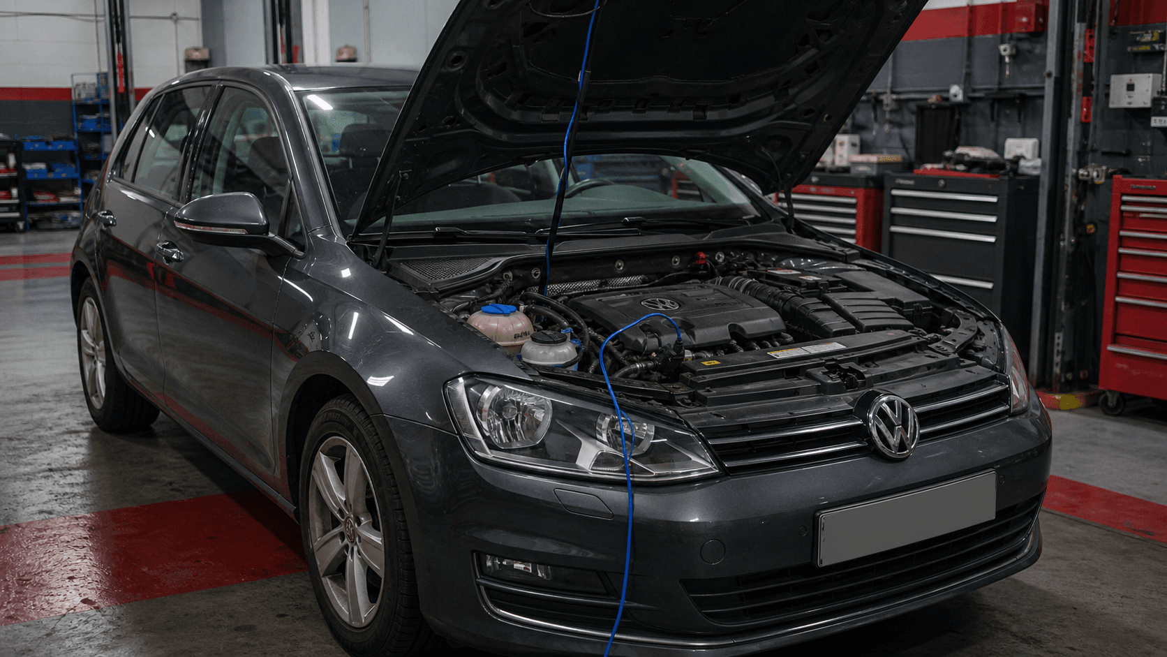 Volkswagen Golf VII plateado en calle residencial mojada