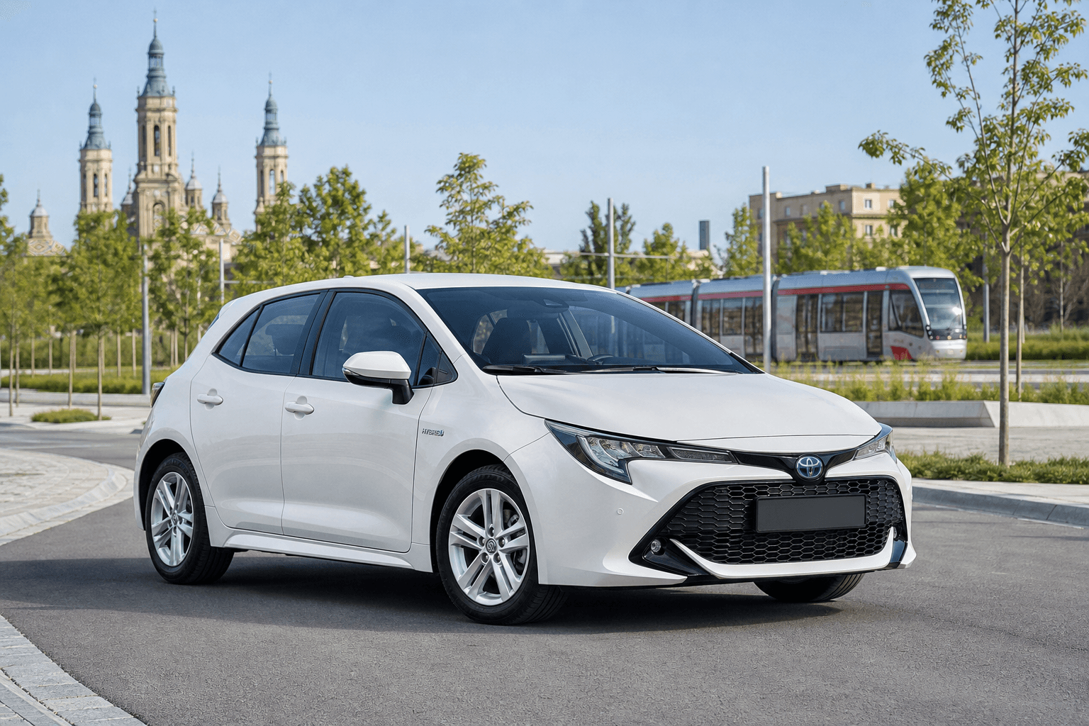 Toyota Corolla E210 Hybrid blanco en entorno urbano